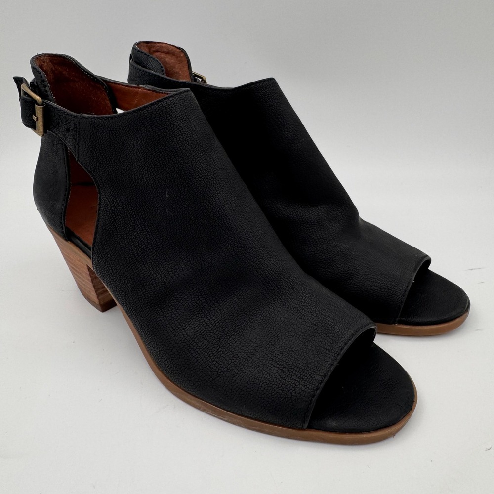 Lucky Brand Barimo Black Leather Peep Toe Cutout Block Heel Booties Women's 7.5M
